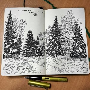 Рисунки зимний лес ручкой