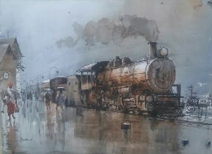Рисунок поезда акварелью