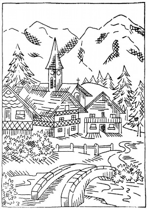 Деревня контурный рисунок