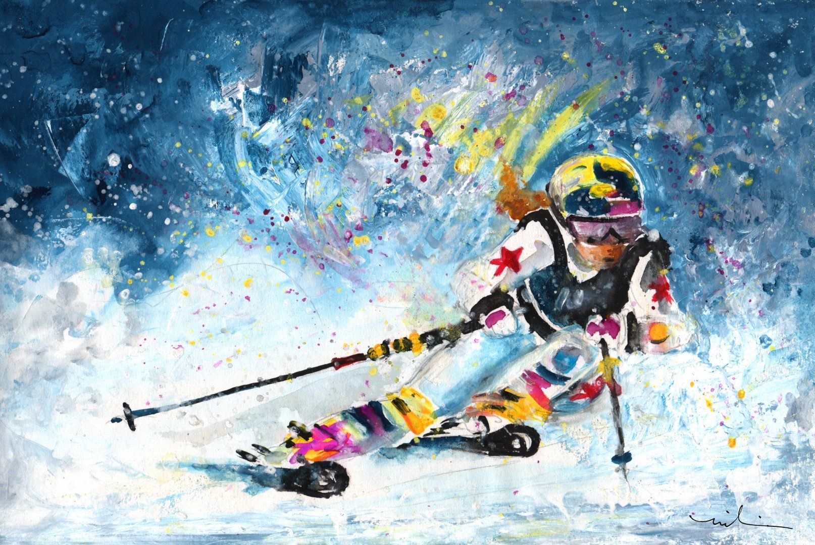 Зимний день и лыжи. Горные лыжи живопись. Горнолыжный спорт. Картина горные лыжи. Спортивная тематика.