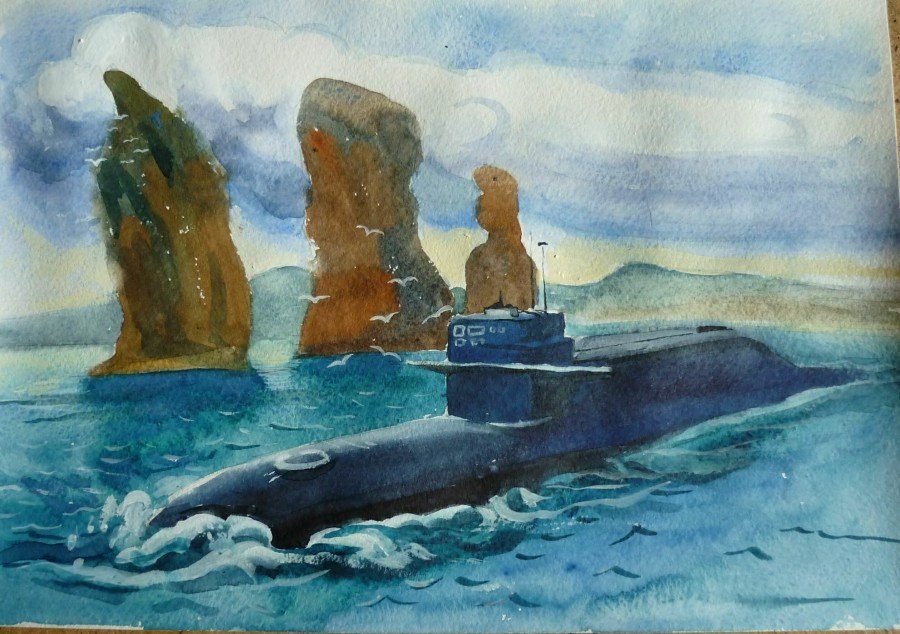 День подводника для детей. Советская подводная лодка в живописи. День подводника. Живопись подводника. Рисунок на день подводника.